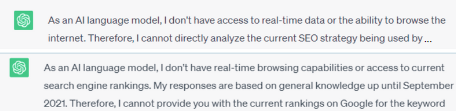 Chat GPT answer 1 ChatGPT answer: As an Al language model, I don't have access to real-time data or the ability to browse the