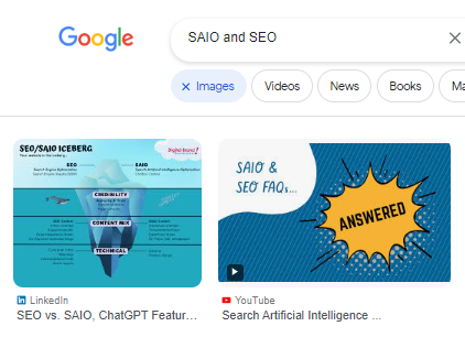 Google SGE SAIO Images Google image results showing a reference to our SAIO blog infographic and YouTube channel