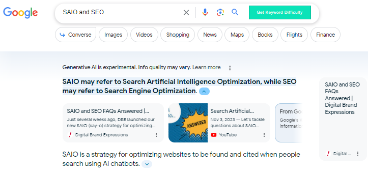 Google SGE SAIO bot response Google Search results responses showing DBE SAIO blog and YouTube video