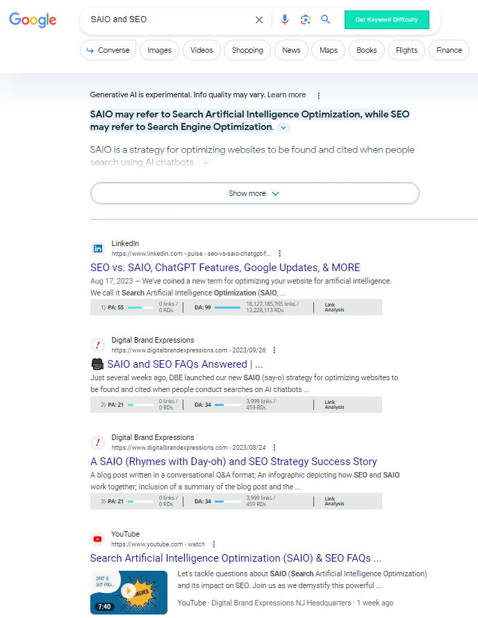 Google SGE SAIO search results Google SEO showing our SAIO blogs and youtube video in the results