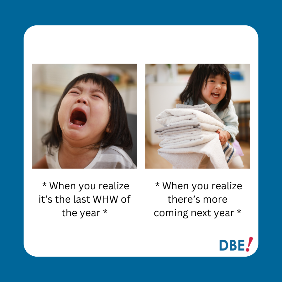 WHW MEME Meme with 2 pictures of a child. Is left picture, she is crying about the last WHW issue. In the right picture, she is happy when she finds out WHW is coming back next year